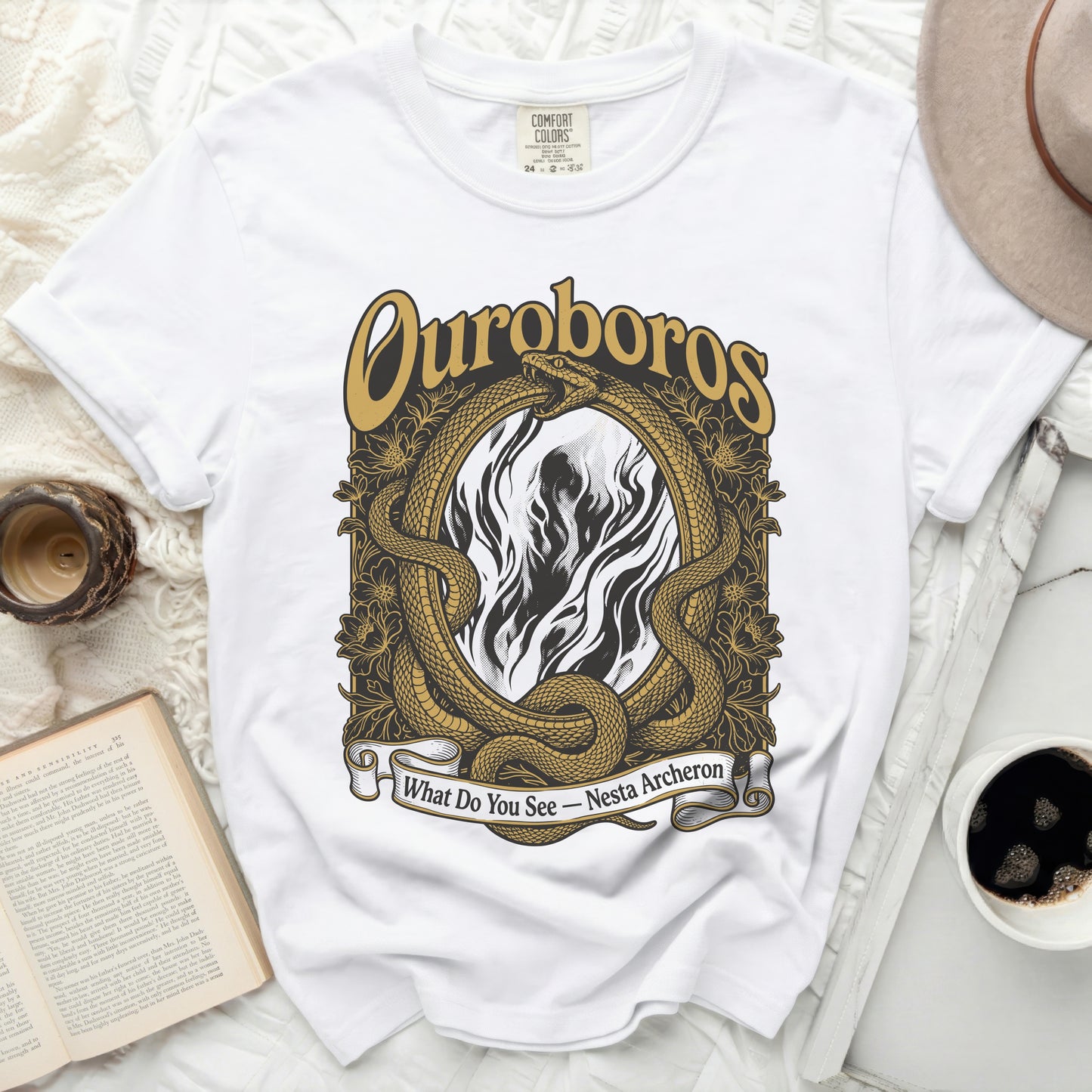 White t-shirt with Ouroboros snakes and flames graphic, "What Do You See - Nesta Archeron".