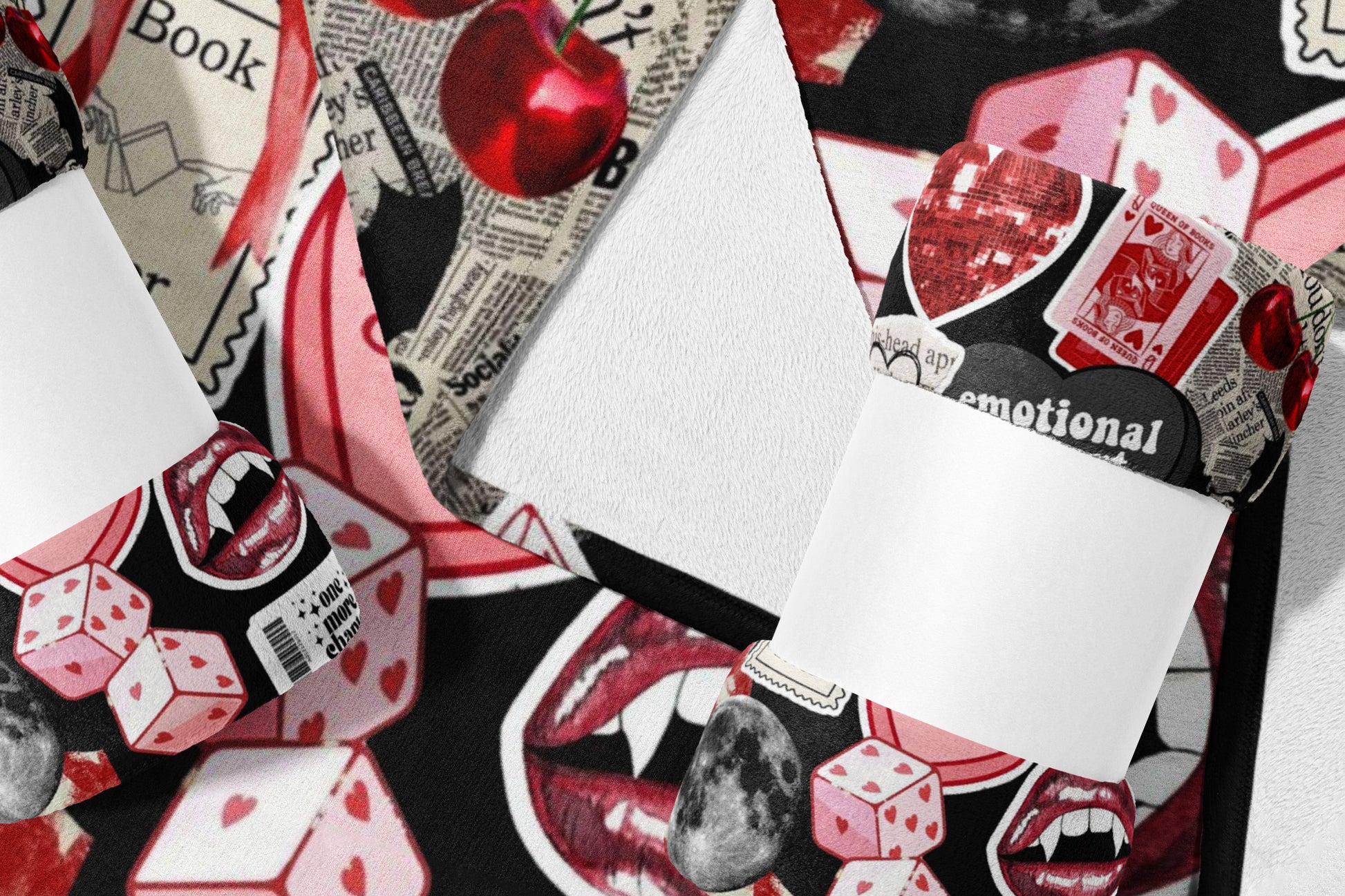 Collage of vampire lips, dice with hearts, playing cards, and text.