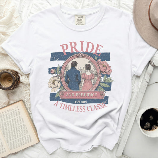 White t-shirt with "Pride and Prejudice Est 1813" graphic.