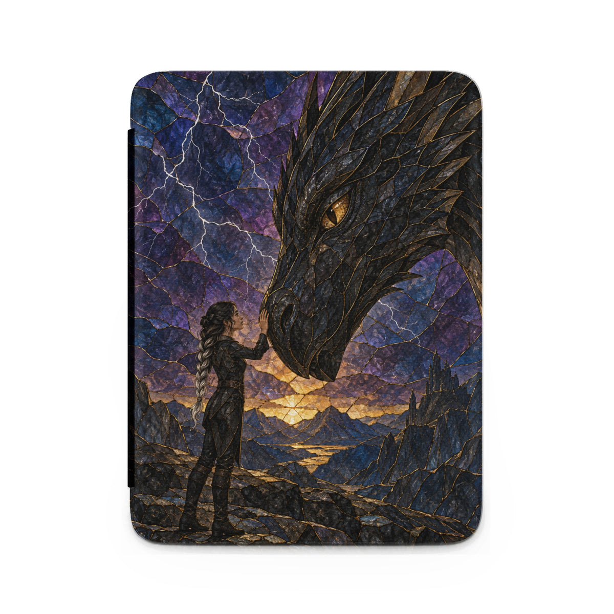 Woman touches dragon's snout with mountains, castle, and lightning storm in background.