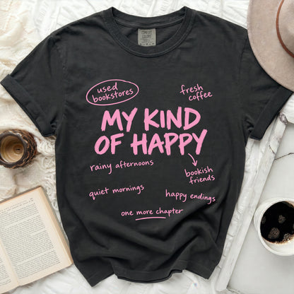 Dark grey t-shirt with pink text "MY KIND OF HAPPY" and related phrases.
