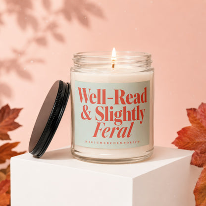 Candle with "Well-Read & Slightly Feral" text on label.