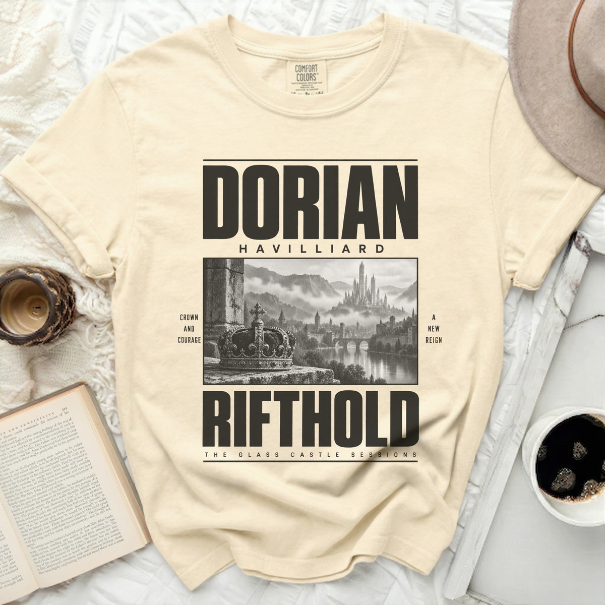 Dorian Havilliard Rift Hold t-shirt with crown and castle graphic.