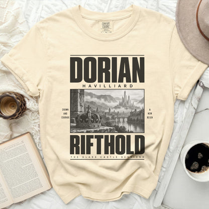 Dorian Havilliard Rift Hold t-shirt with crown and castle graphic.