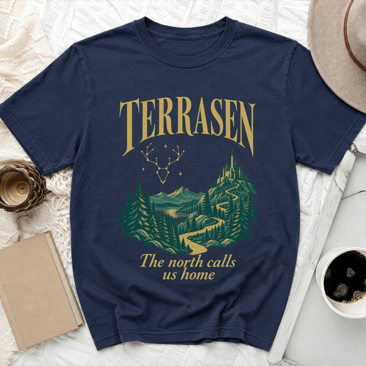 Navy t-shirt with "TERRASEN" and "The north calls us home" text.