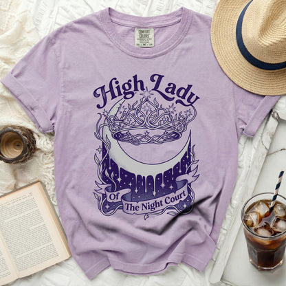 Purple t-shirt with "High Lady Of The Night Court" graphic and crown.