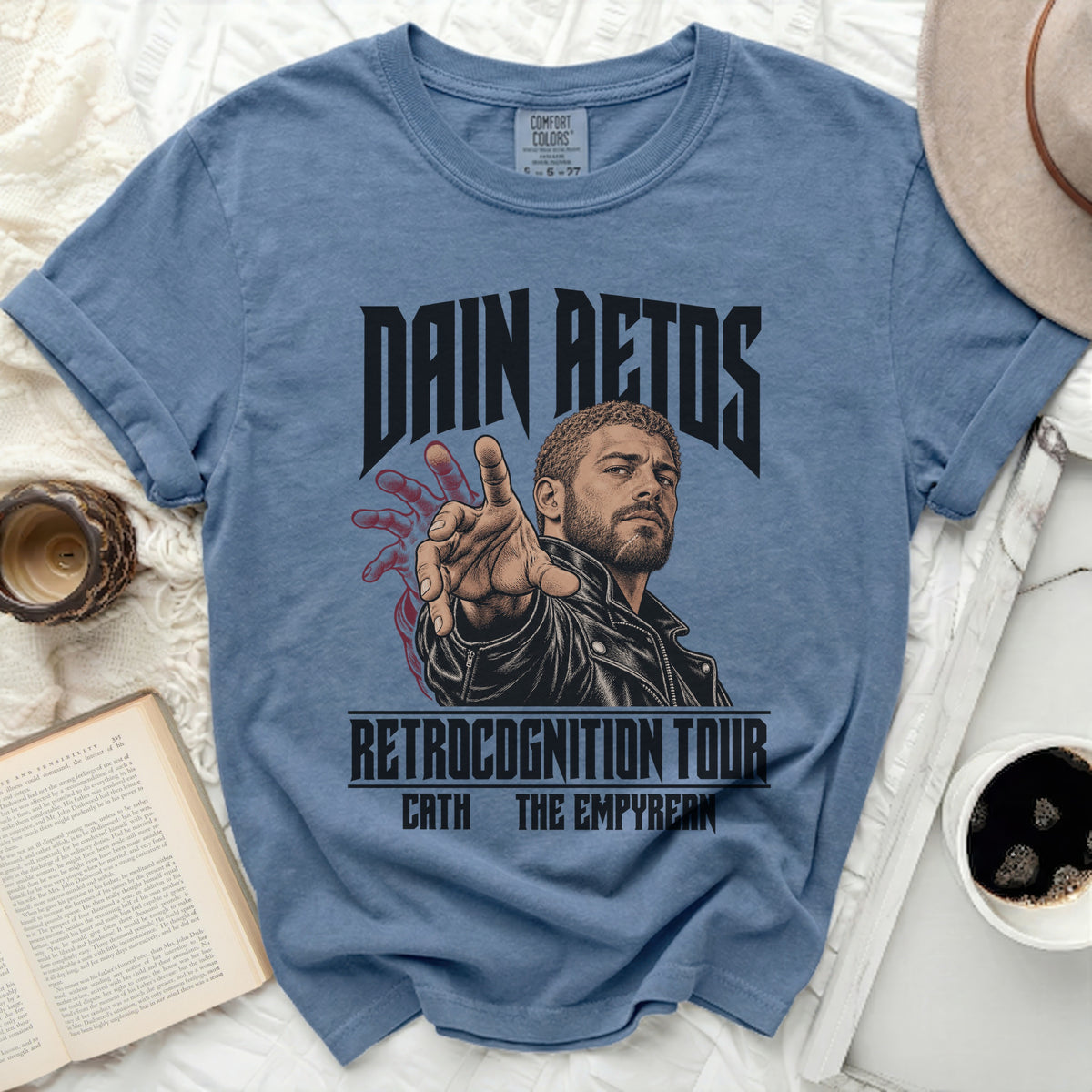 T-shirt with "Dain Aetos Retrocognition Tour" and "Cath The Empyrean" text.