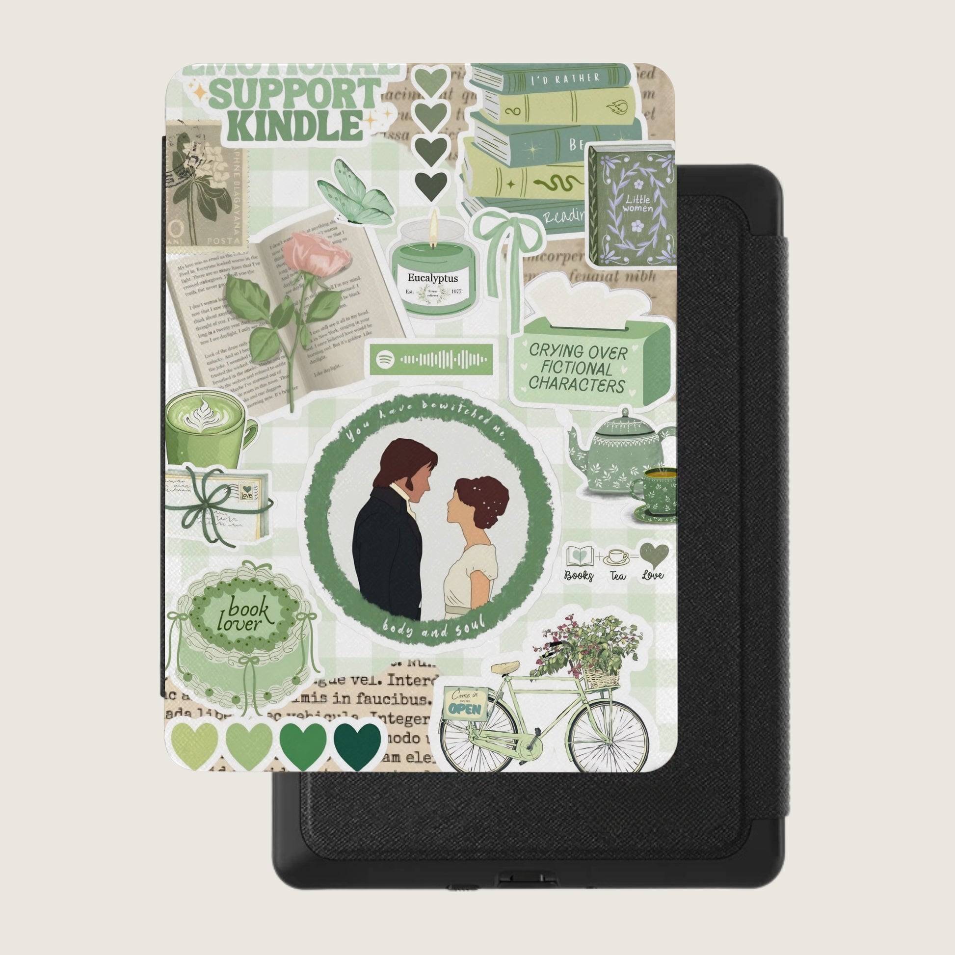 Kindle cover with green, book-themed stickers.