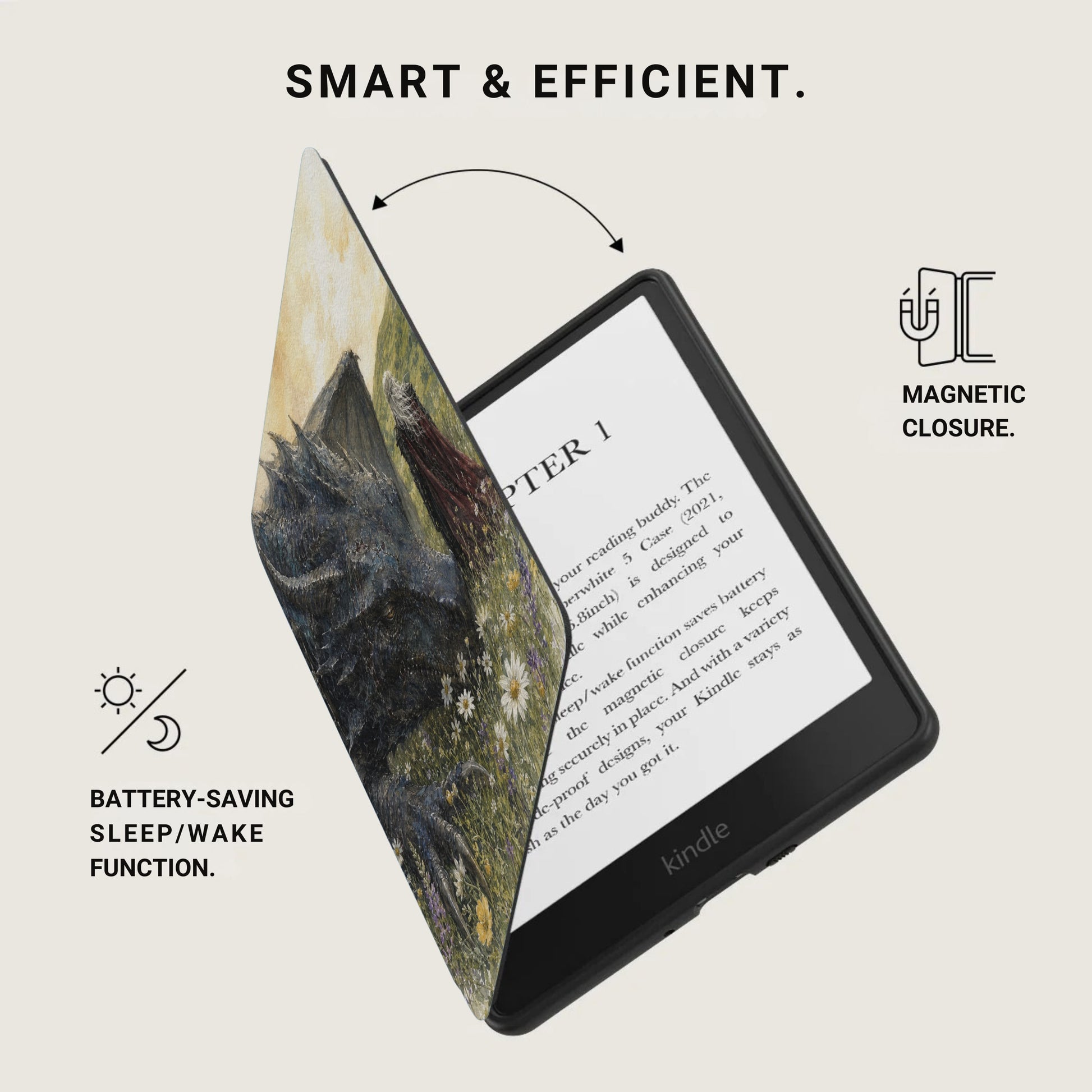 Kindle e-reader with a painted cover featuring a wolf and text about magnetic closure and battery saving.