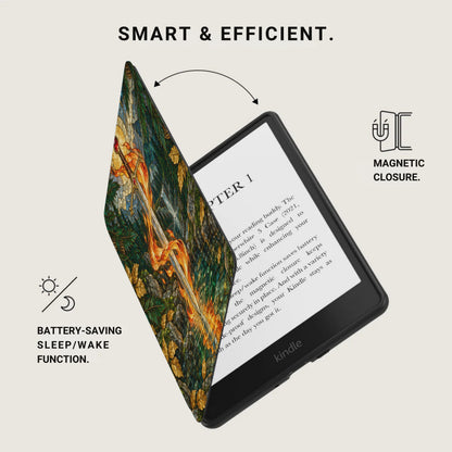 Kindle with ornate cover, magnetic closure, and battery-saving sleep/wake function.