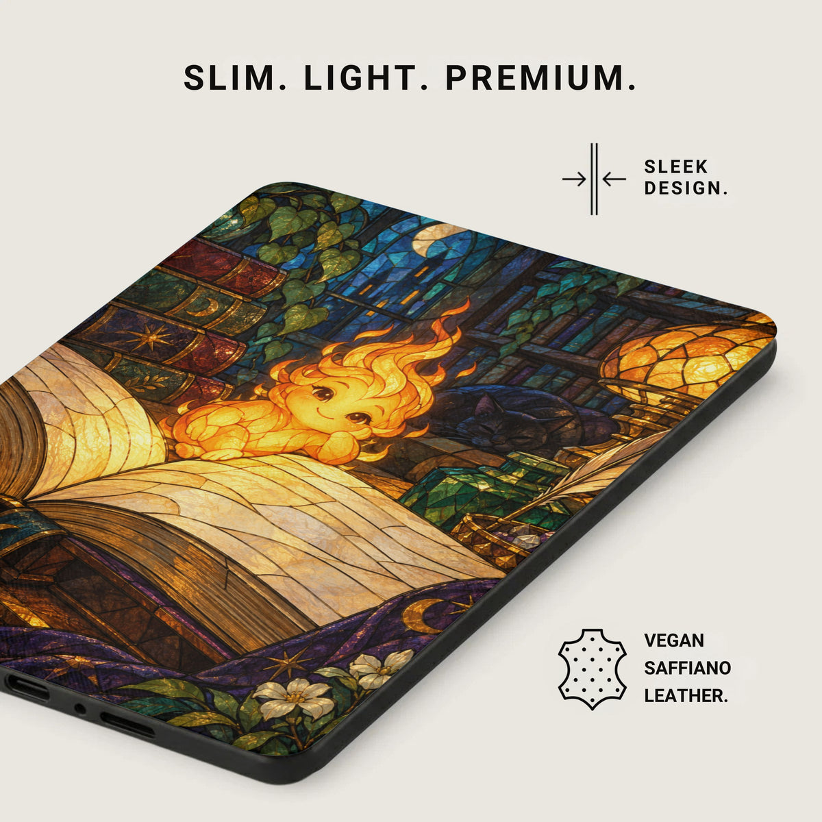 Phone case with stained glass art of a fire creature by books.