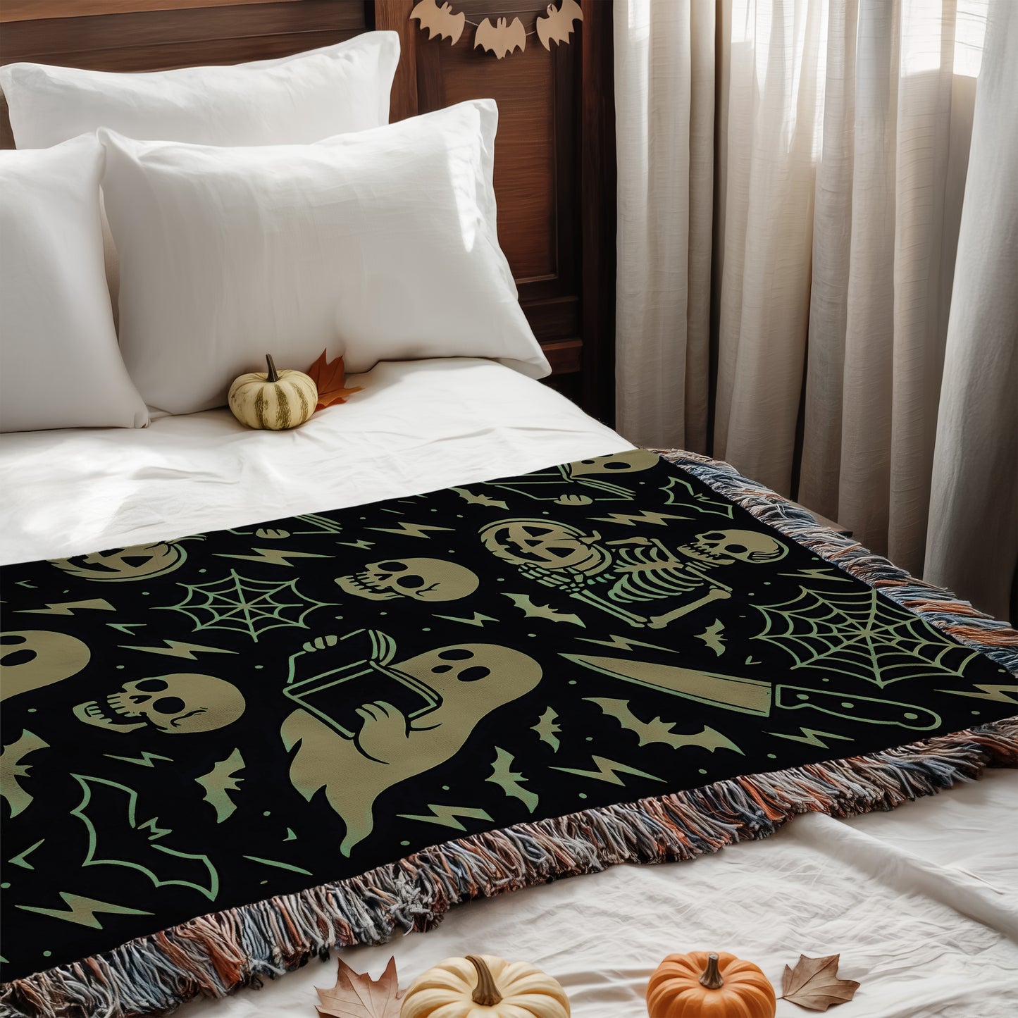 Greenish Spooky Ghost & Skeleton Blanket