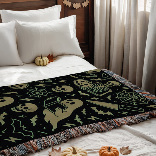 Greenish Spooky Ghost & Skeleton Blanket
