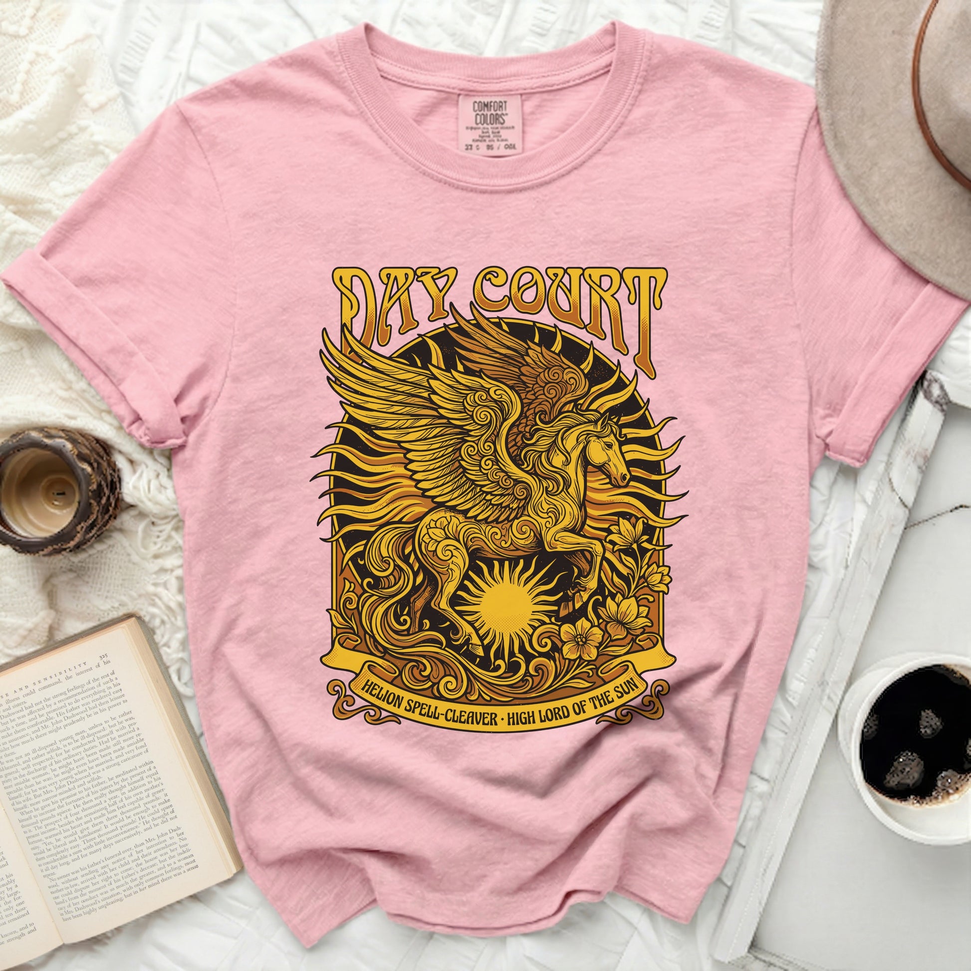 Pink t-shirt with pegasus graphic and "DAY COURT" text.