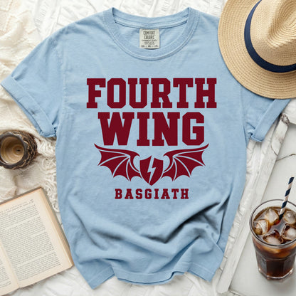 Light blue t-shirt with maroon "FOURTH WING BASGIATH" text and winged shield graphic.