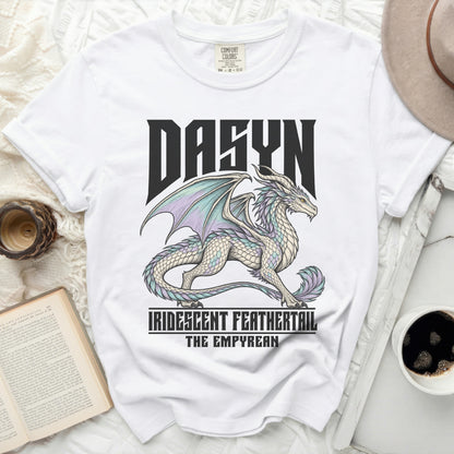 White t-shirt with "DASYN" and an iridescent dragon, "IRIDESCENT FEATHERTAIL THE EMPYREAN".