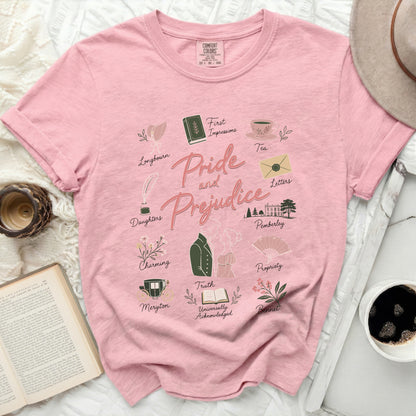 Pink t-shirt with "Pride and Prejudice" design and literary icons.