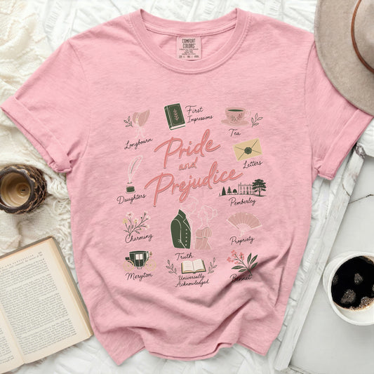 Pink t-shirt with "Pride and Prejudice" design and literary icons.