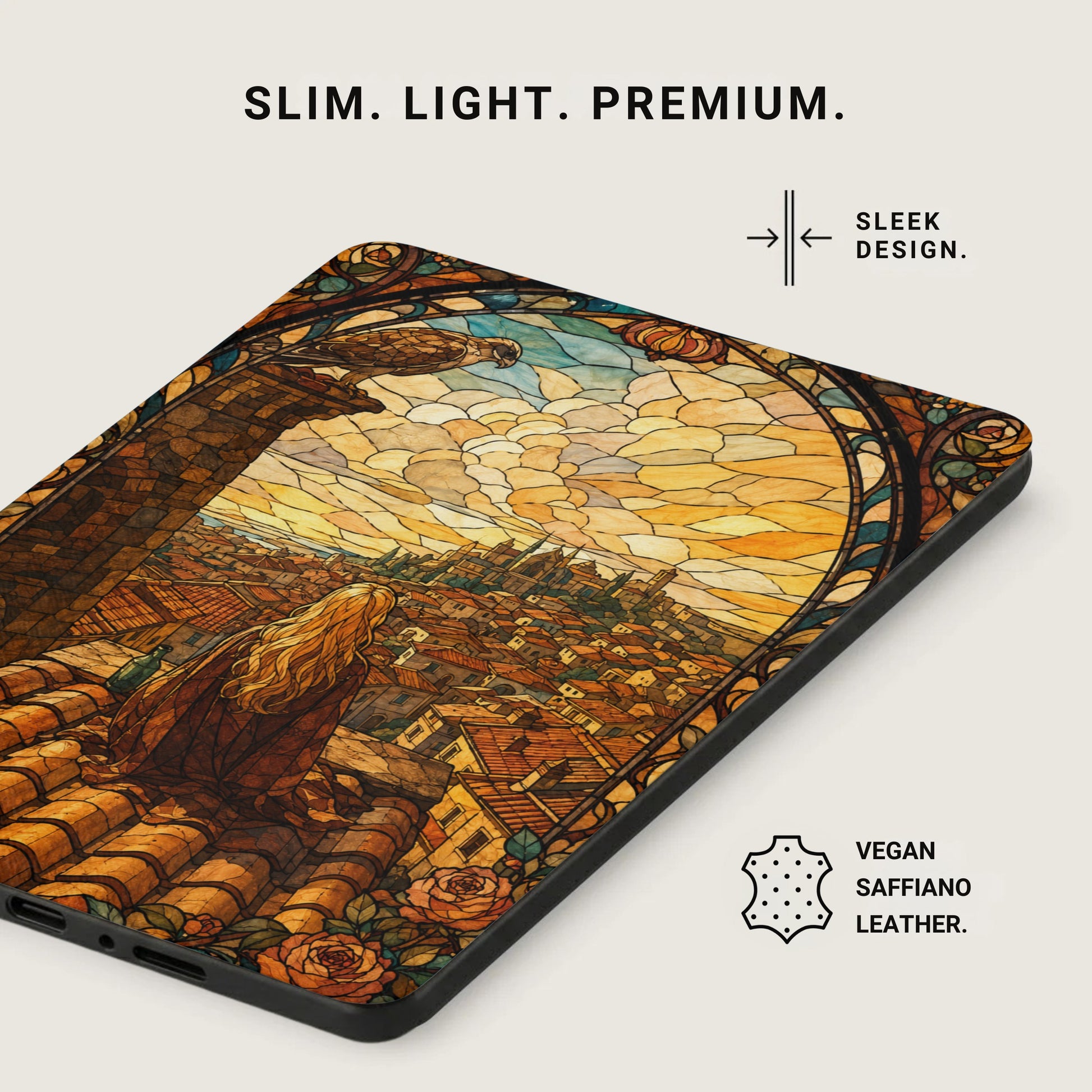 Phone case with stained glass design of woman overlooking city and roses.
