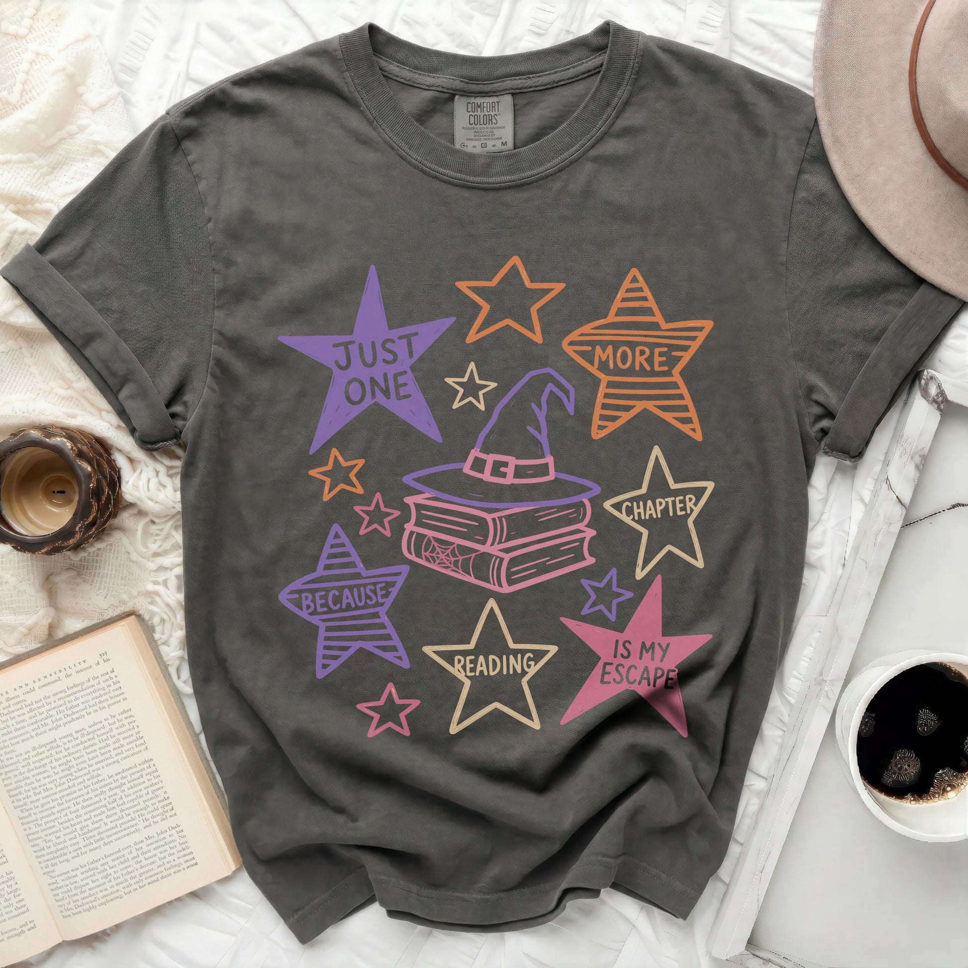 Dark gray t-shirt with "Just One More Chapter, Because Reading Is My Escape" graphic.