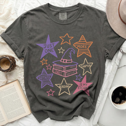 Dark gray t-shirt with "Just One More Chapter, Because Reading Is My Escape" graphic.
