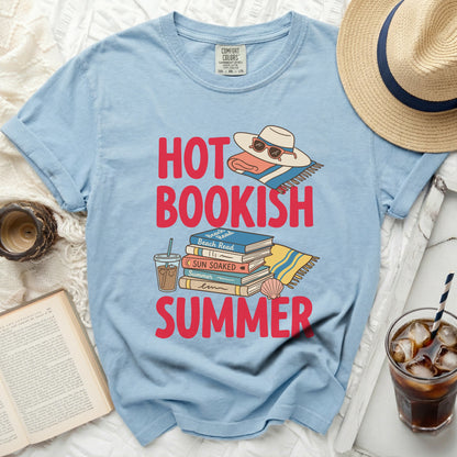 Light blue t-shirt with "Hot Bookish Summer" text and beach graphics.