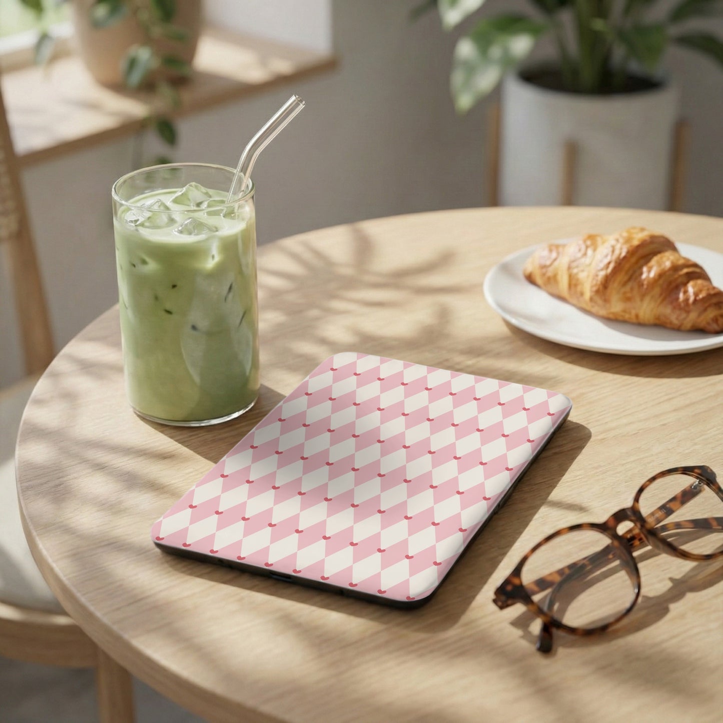 Pink and White Checkered Design on Tablet Cover
