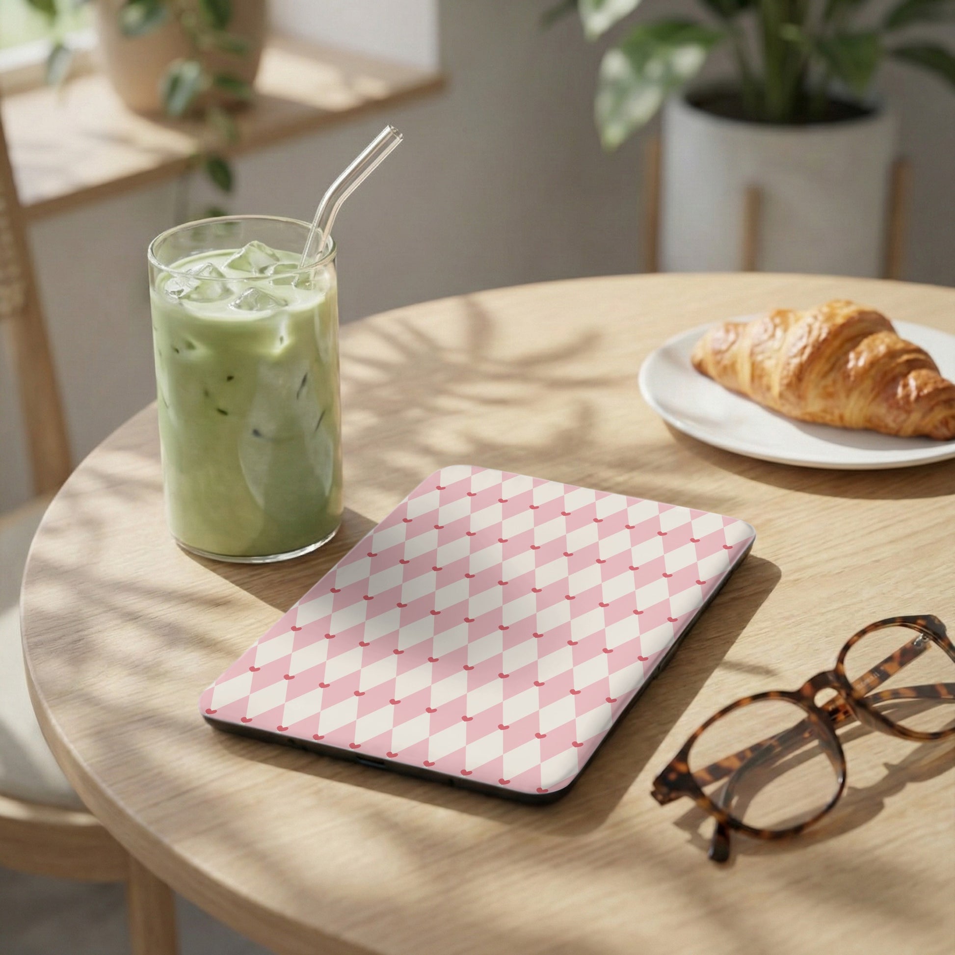 Pink and White Checkered Design on Tablet Cover