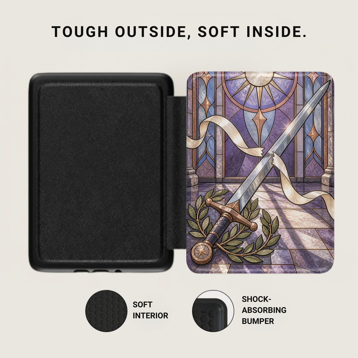 Black case with stained glass sword art, soft interior, and shock-absorbing bumper.