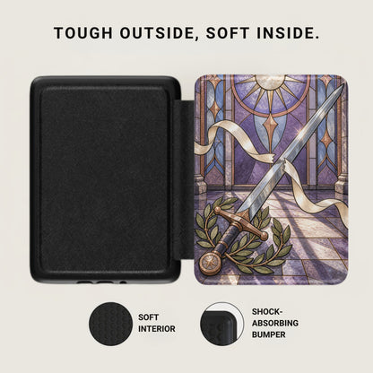 Black case with stained glass sword art, soft interior, and shock-absorbing bumper.