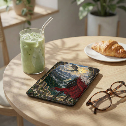 Tablet cover with fantasy art depicting a dragon and a warrior with a red cape.