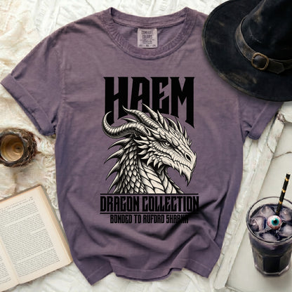 Purple t-shirt with HAEM dragon graphic, "Dragon Collection," and "Bonded to Ruford Sharna" text.