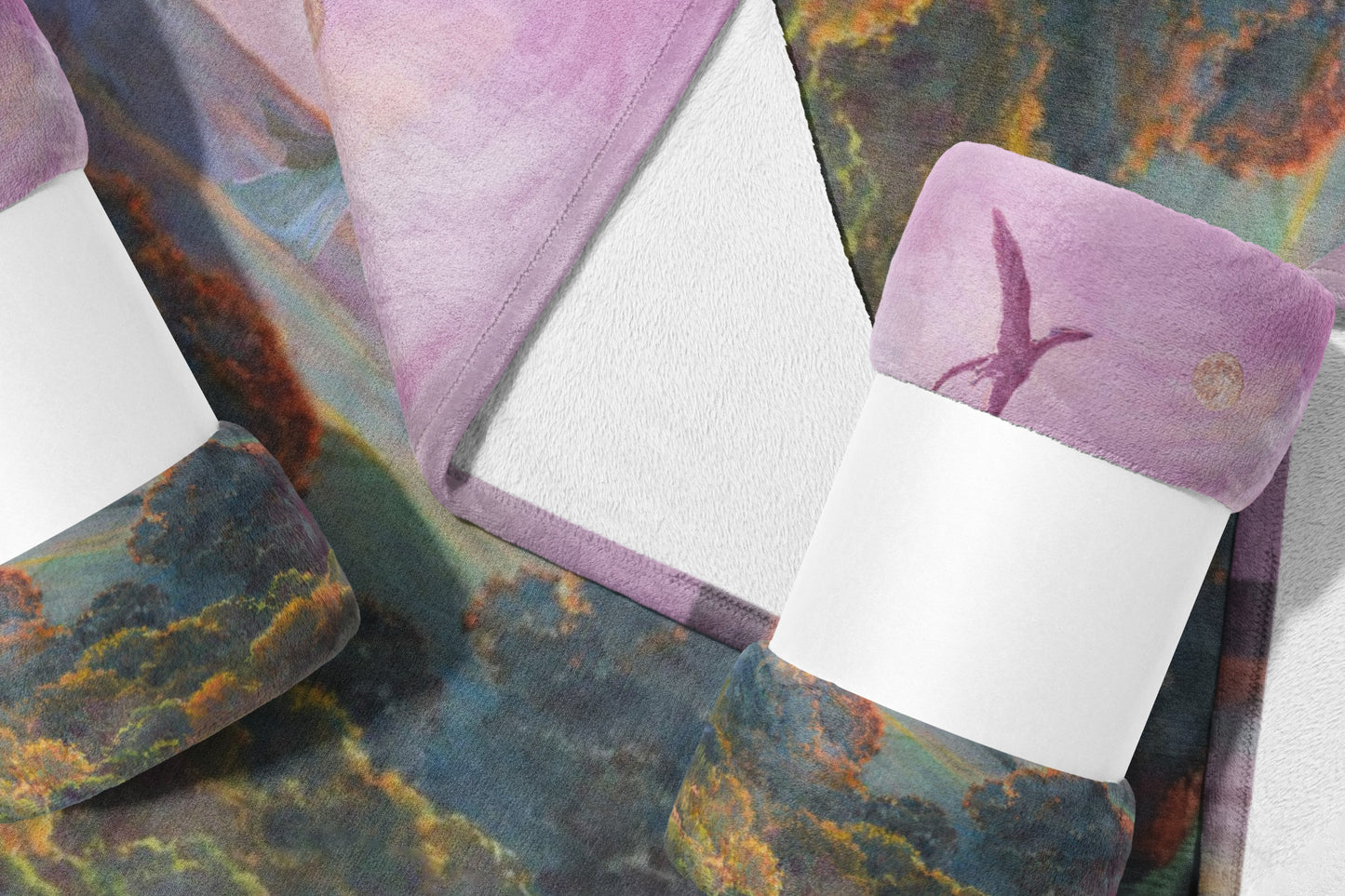 Blanket with a watercolor print of a dinosaur flying through a galaxy.