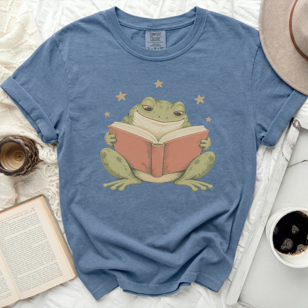 Bookworm Frog Tee in Blue Jean