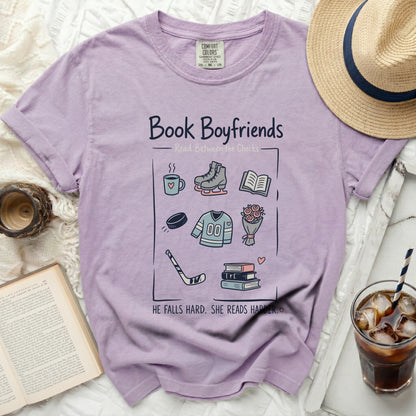 Lilac t-shirt with "Book Boyfriends" and reading/winter icons.