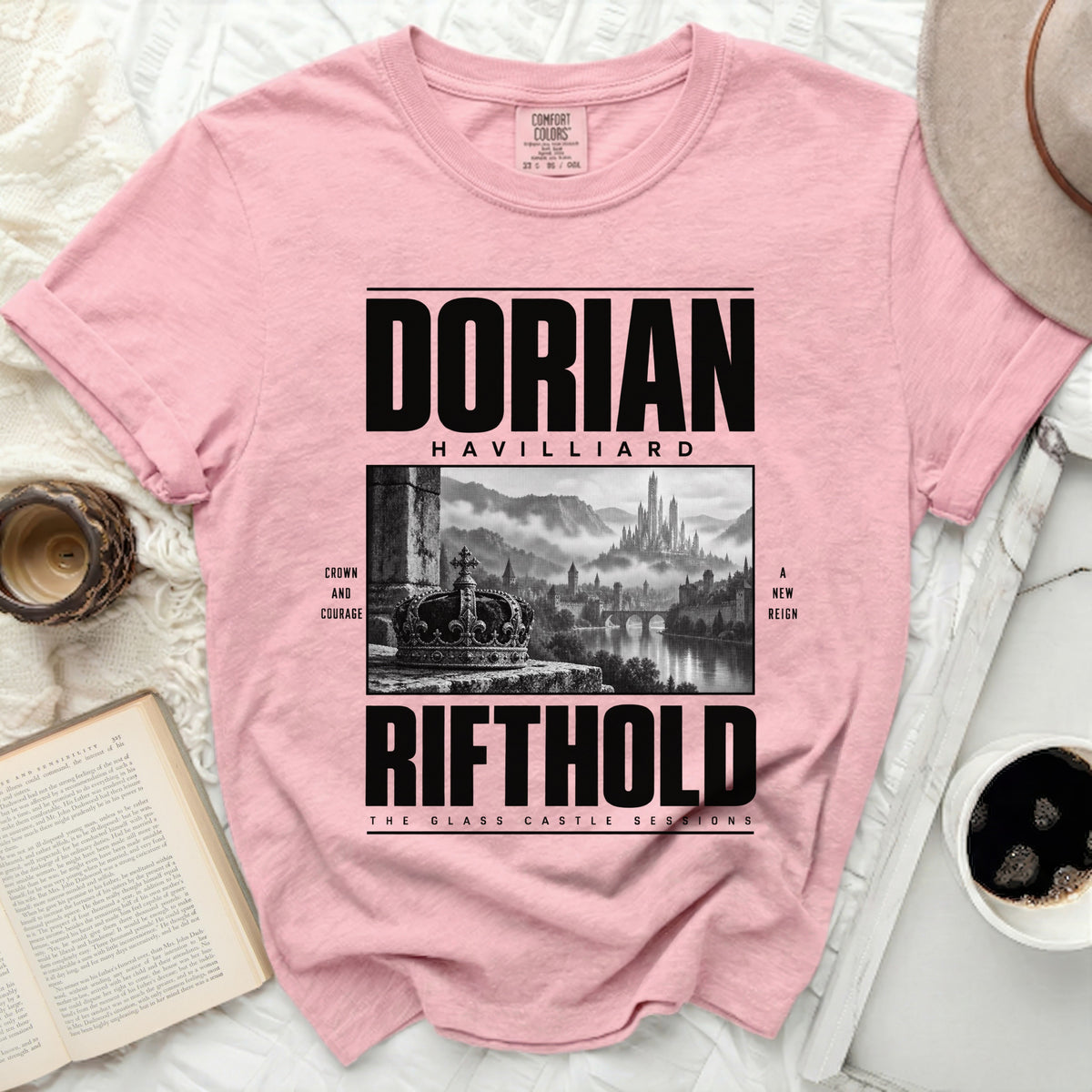 Pink t-shirt with "Dorian Havilliard RIFTHOLD" text and a crown and castle illustration.
