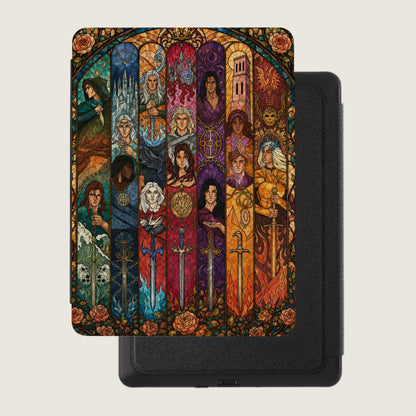 Stained glass art of characters and swords on an e-reader case.