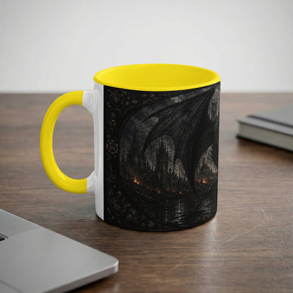 White mug with yellow handle, featuring a dark fantasy dragon wing and castle scene.