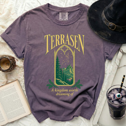 Purple t-shirt with "TERRASEN" text and a forest castle scene.