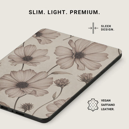 Case with floral sketch pattern and text "SLIM. LIGHT. PREMIUM. SLEEK DESIGN. VEGAN SAFFIANO LEATHER."