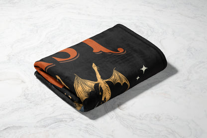Fantasy Dragon Illustration on Black Fabric Blanket