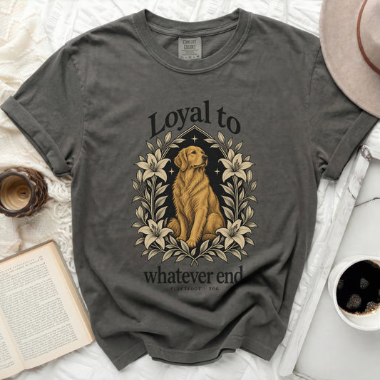 Dark grey t-shirt with Golden Retriever design and "Loyal to whatever end" text.