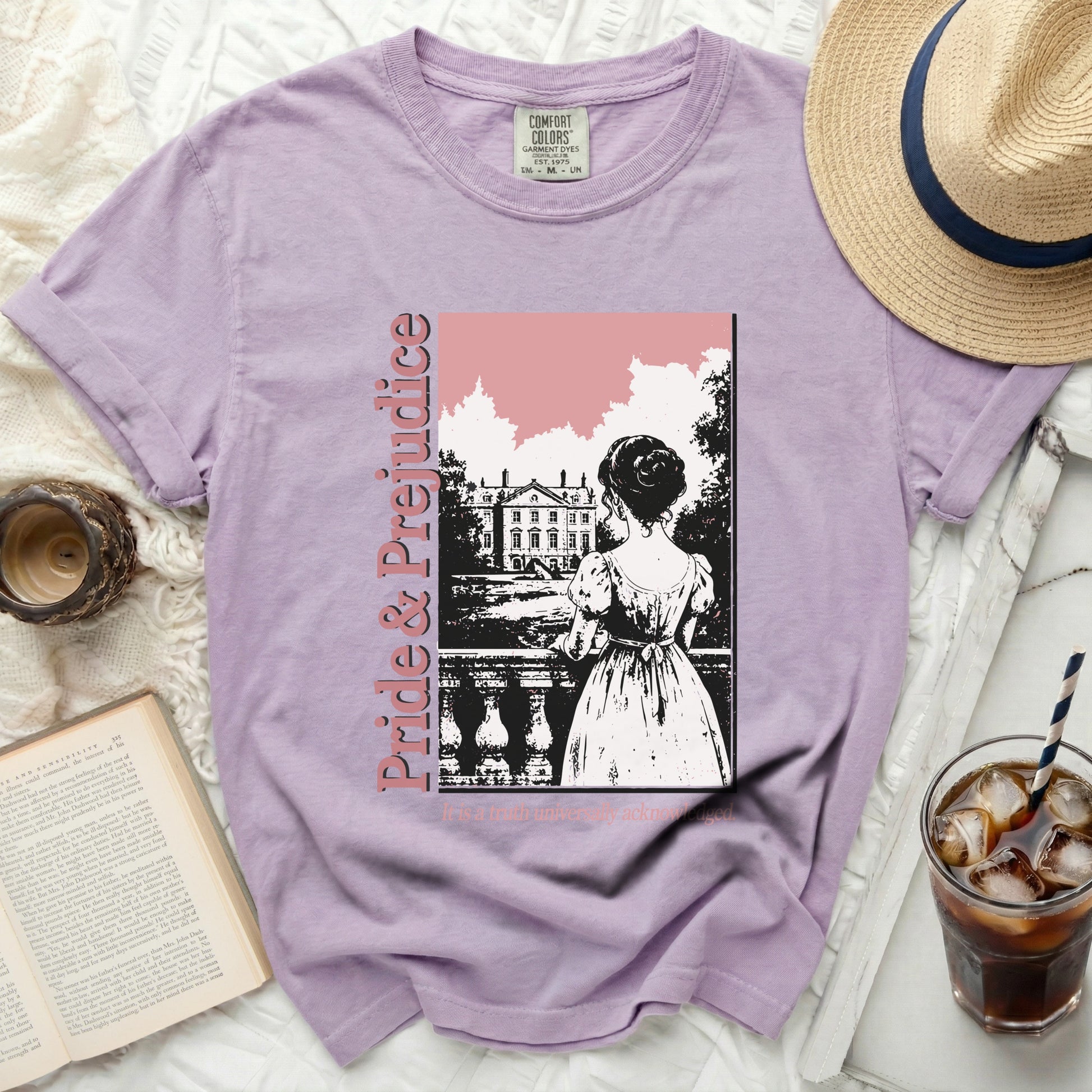 Lavender Comfort Colors t-shirt with Pride and Prejudice book cover graphic.