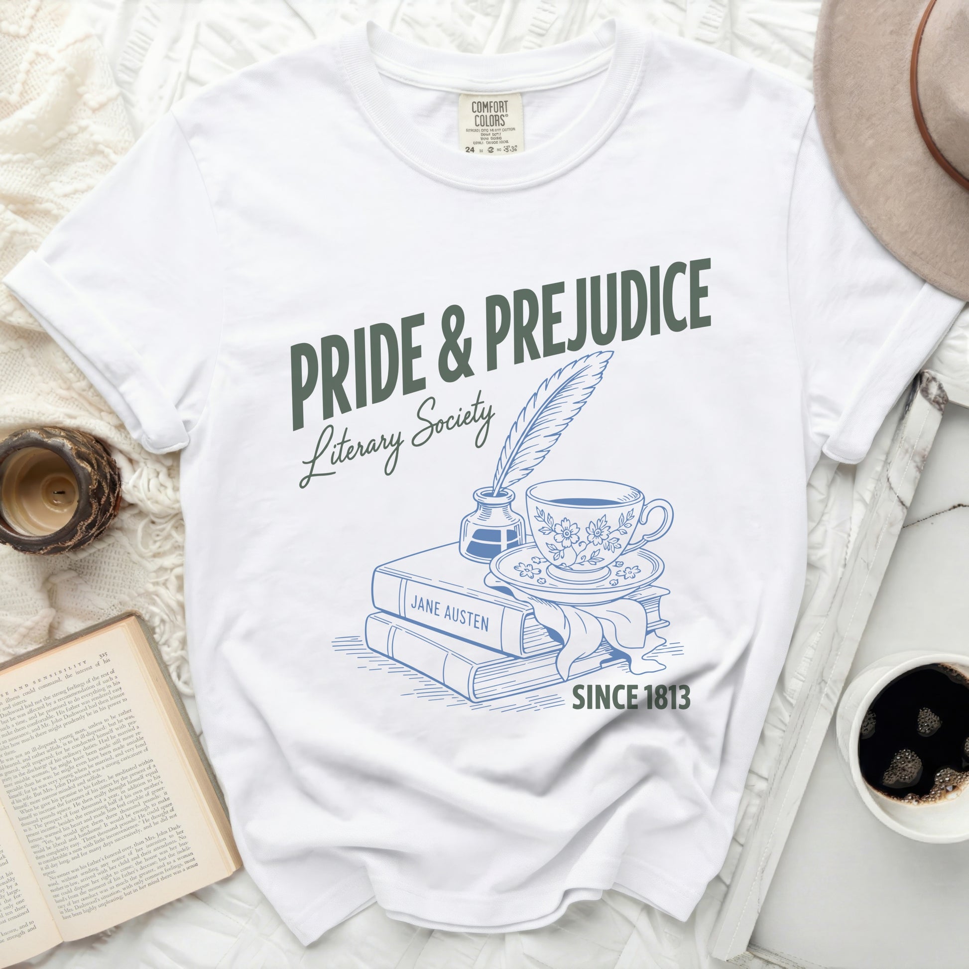 White t-shirt with "Pride & Prejudice Literary Society" and inkwell graphic.