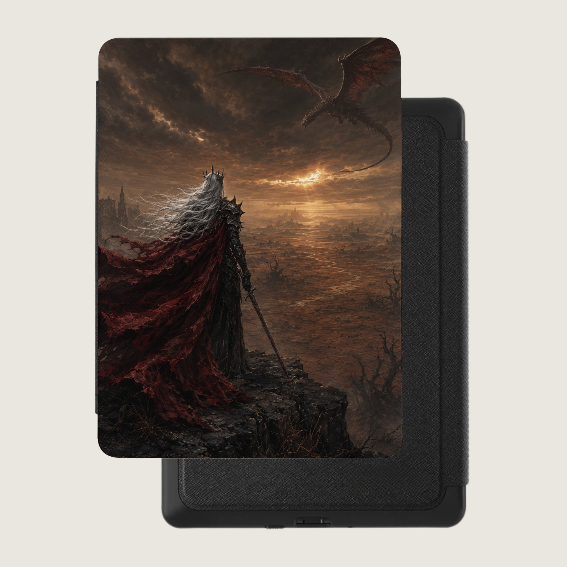 Fantasy king with sword and red cape stands on rocky outcrop overlooking desolate landscape with dragon.