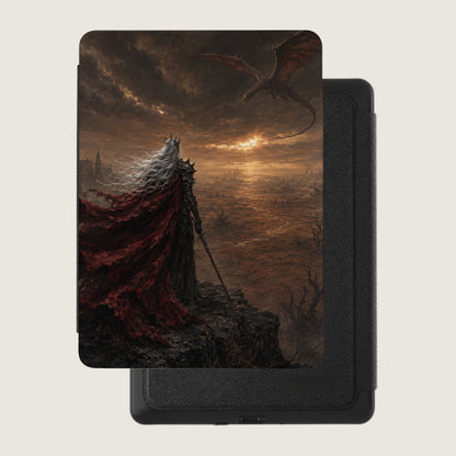Fantasy king with sword and red cape stands on rocky outcrop overlooking desolate landscape with dragon.