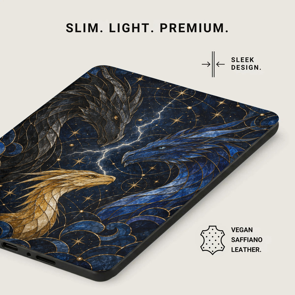 Phone case with three dragons, starry background, and text "Vegan Saffiano Leather".
