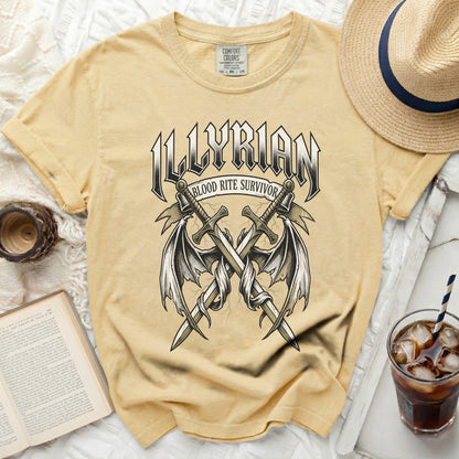 Yellow t-shirt with "ILLYRIAN BLOOD RITE SURVIVOR" and crossed swords graphic.