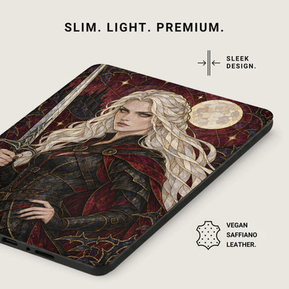 Case with fantasy art of a woman with sword, moon, and text.