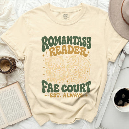 Cream t-shirt with "Romantasy Reader Fae Court Est. Always" text and graphics.